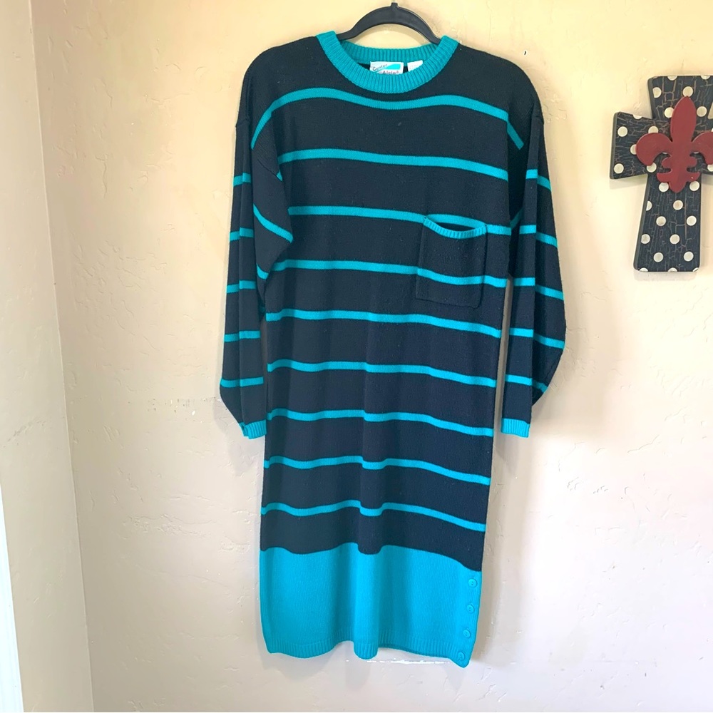 Vintage Women’s Center Aisle Sweater Dress Sz Small Acrylic Striped Black Teal
